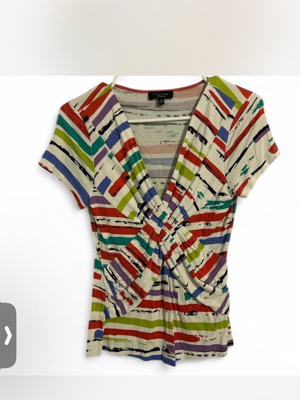 Spense Cream Multi-Stripe Twist Front V-Neck Short Sleeve Top